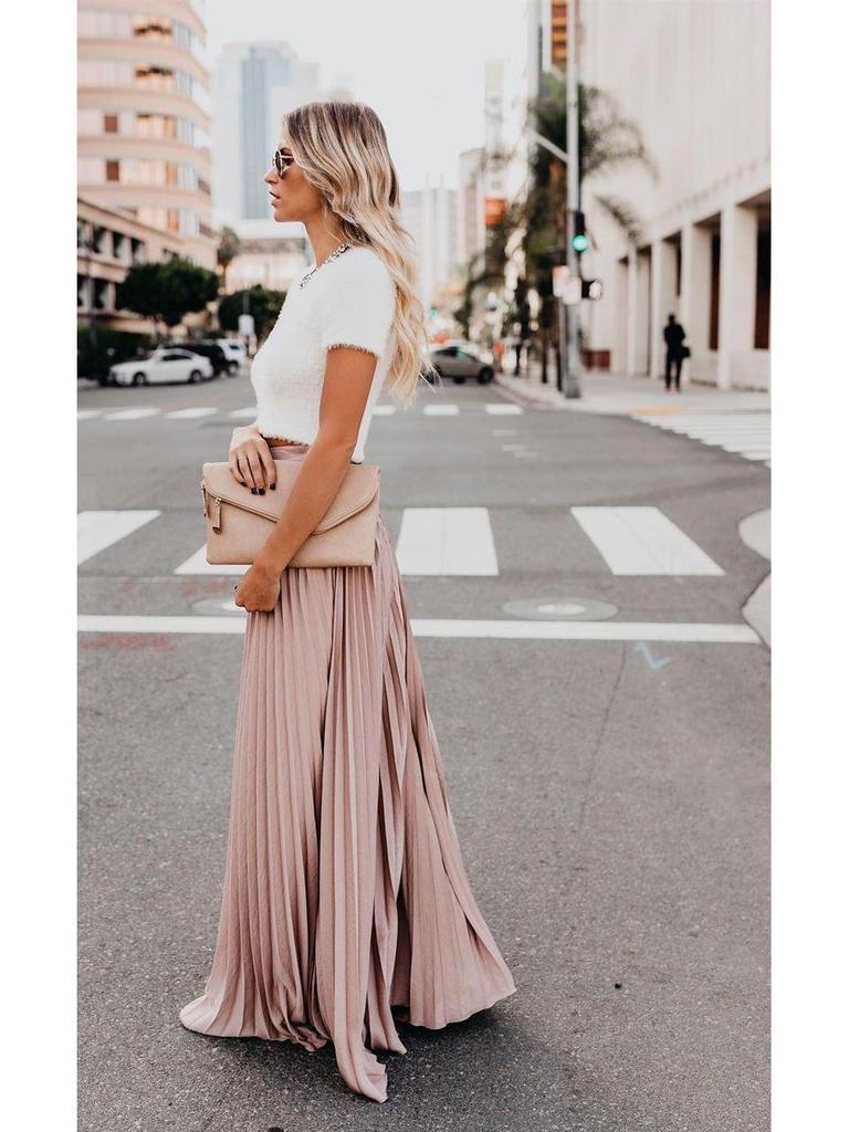 2025 Spring/Summer Solid Color Pleated Women's Midi Skirt - Large Swing Design