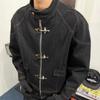 Giacca di Jeans Vintage con Collo Alto Zip Tasche Frontali Manica Lunga Streetwear Inverno