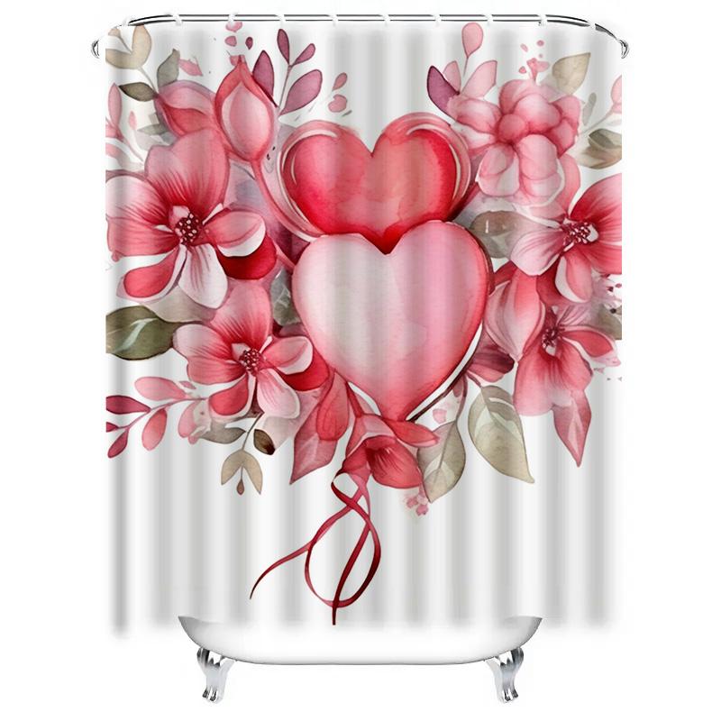 Watercolor Heart And Flowers Waterproof Shower Curtain