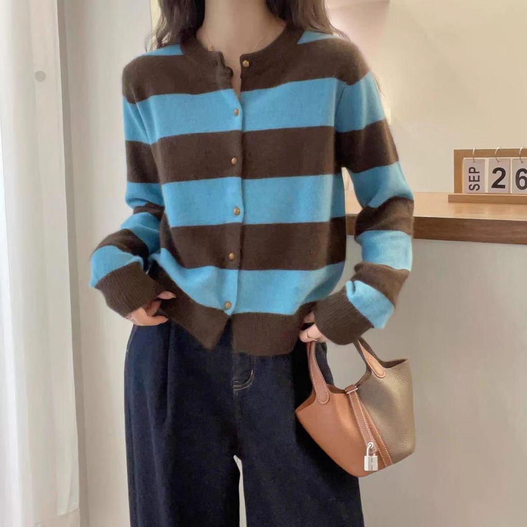 Women's Wool Knit Cardigan Sweater - Autumn/Winter, Loose Fit, Contrasting Stripes, Round Neck, Color Block Design.