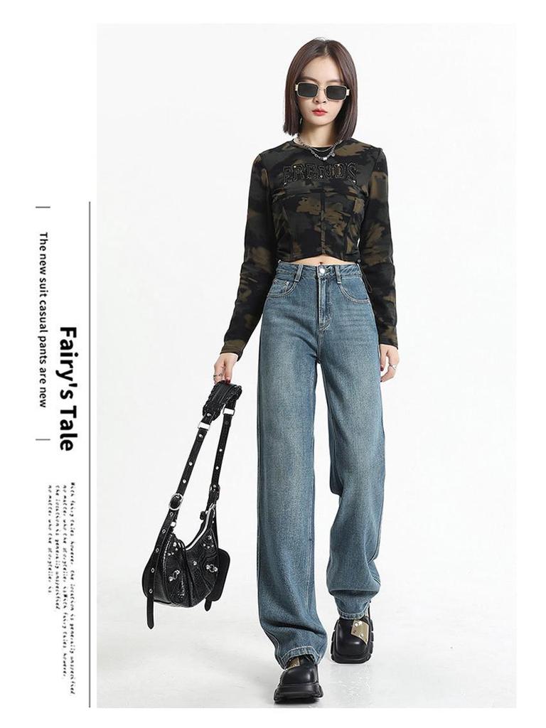 Women's Retro Loose Wide-Leg Jeans - Pear Shape, Long, Mopping Style for Spring & Autumn.
