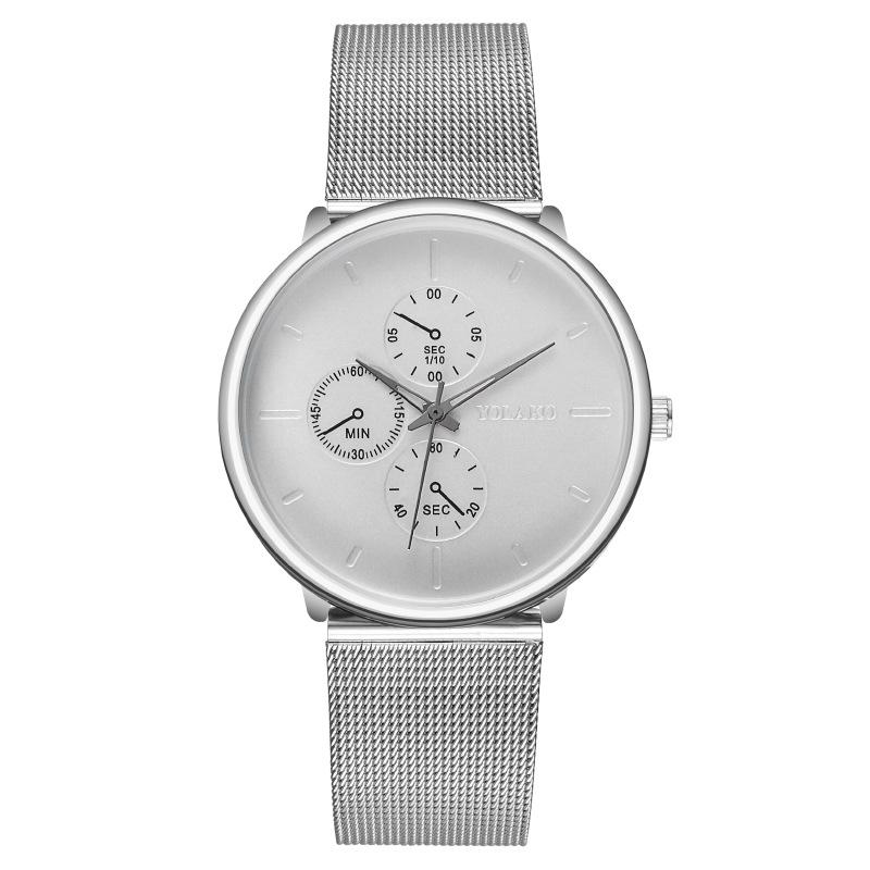 

Чоловічий годинник із європейською та американською модою з трьома очками з блакитною голкою. Чоловічий годинник. Міланський кварцовий годинник із сітчастим поясом. срібний