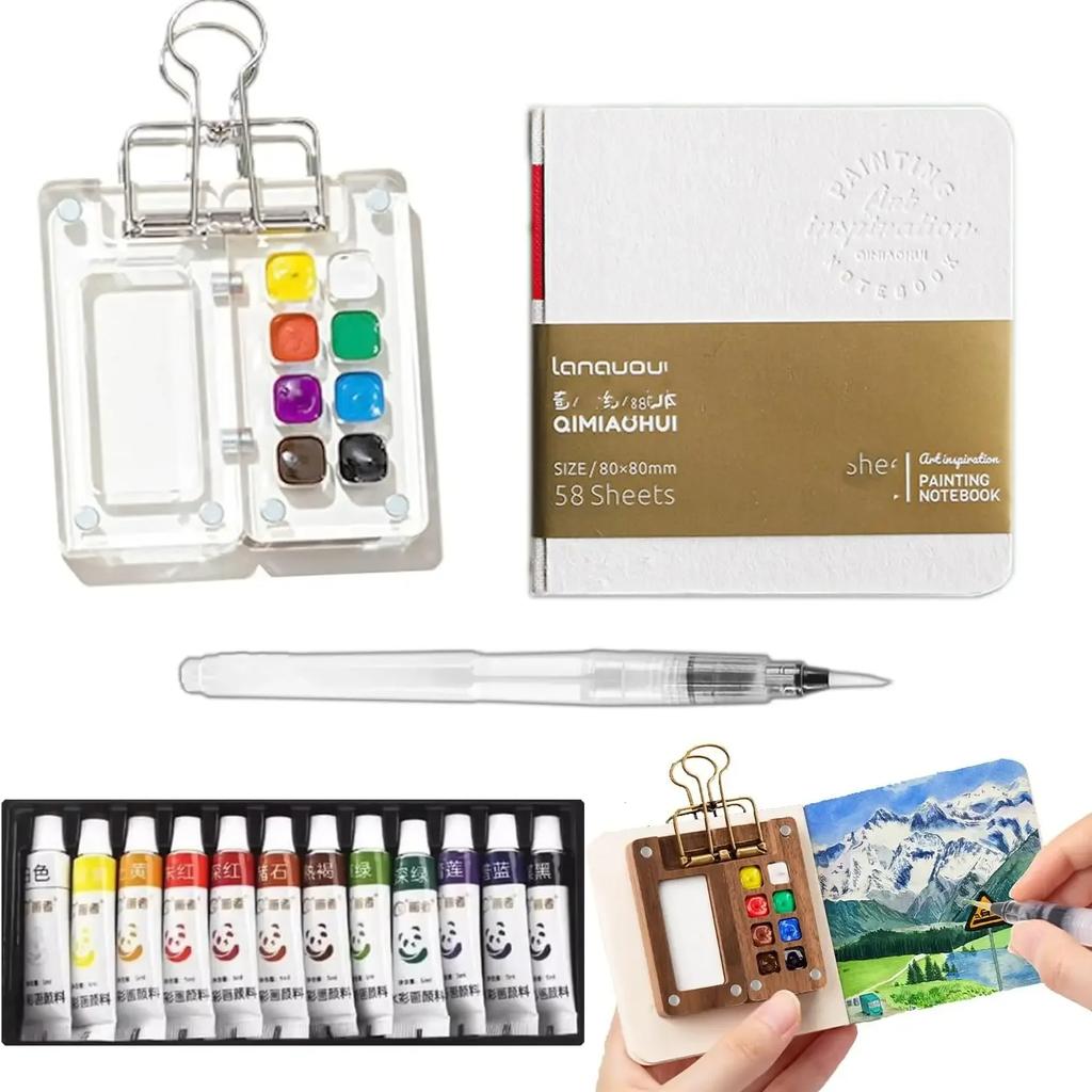Portable Watercolor Set Travel Palette Sketchbook Brush Pens Binder Clips For Artists Students Painting Tools Drawing Supplies