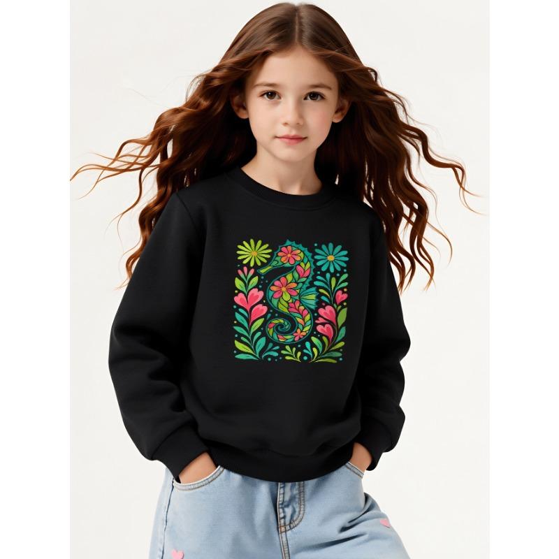 European Sizes Kids' Sweatshirts, Girls' Autumn Winter Colorful Floral Seahorse Print Long Sleeve Round Neck Sweatshirt, Casual Daily Wear.