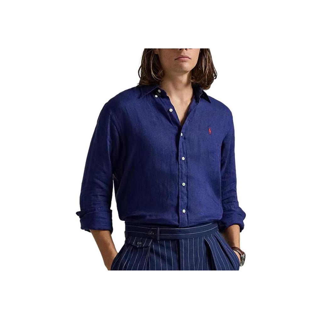 Polo Ralph Lauren Solid Color Long Sleeve Polo Collar Embroidered Single Breasted Shirt Classic Edition Men shirts Navy-Blue 710966292-501
