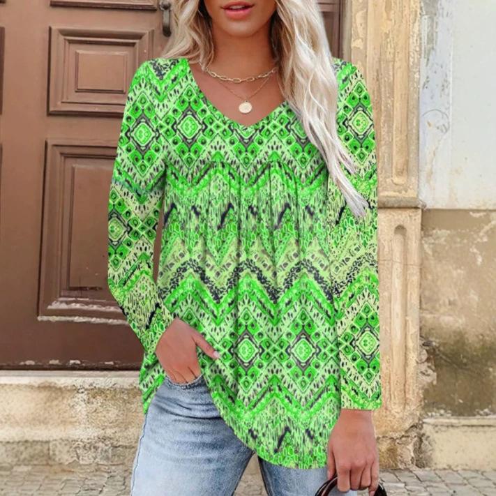 European and American large size women s long sleeves, elegant casual fashion V-neck doll top autumn clothing 0XL зелёный