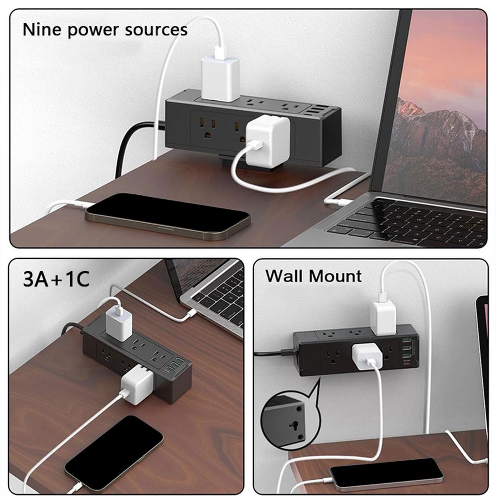 Desk Edge Mount Power Strip with 6 Outlets & 4 Fast Charging USB Ports Tabletop Surge Protector Desk Clamp Power Socket