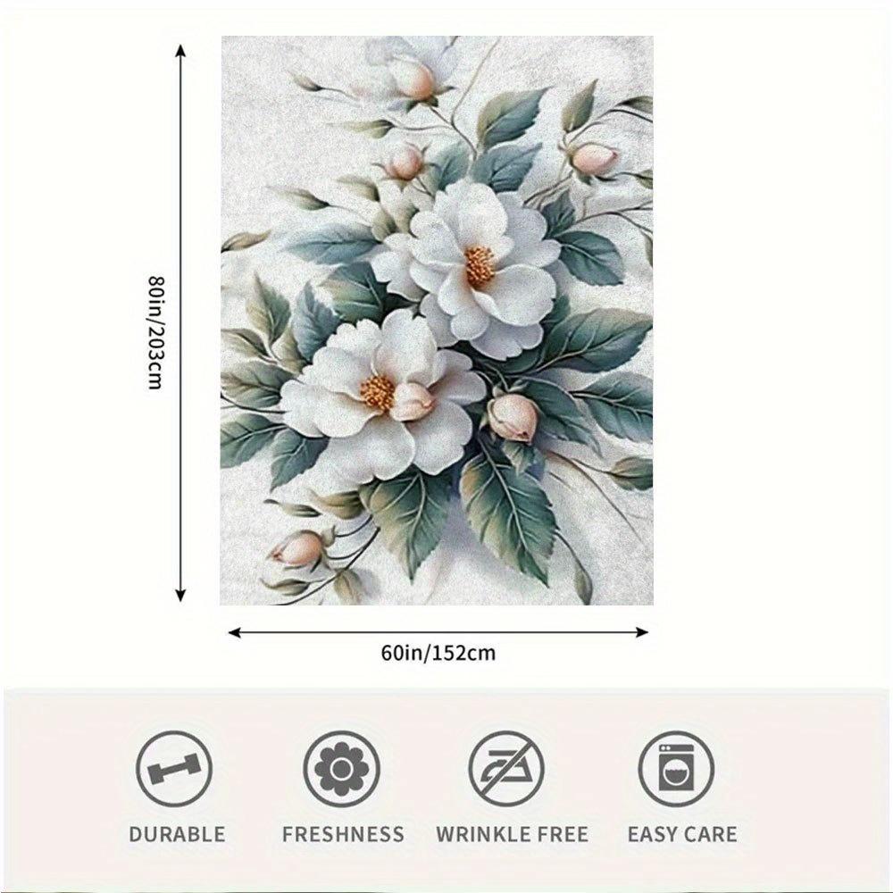 1pc Vintage Floral Print Blanket, 60x80 Inch - White Roses & Green Leaves Design, Soft Cotton, Perfect for Sofa, Chair, Bed, Car