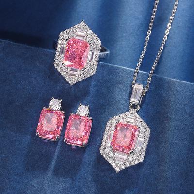 Herbst- und Winter-Schmuckset Hochkarbon-Diamant Eisschliff Kupfer gefasst Tiefrosa Diamantset Hauptstein 8 * 10