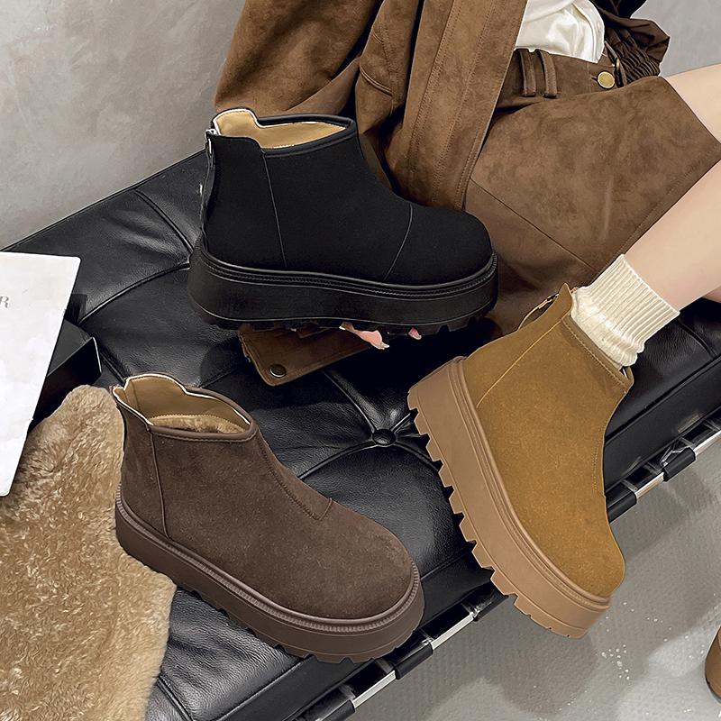 Women's Slope Heel Cotton Boots Winter New Round Head Suede Back Zipper Thick Sole Non-slip Short Snow Boots