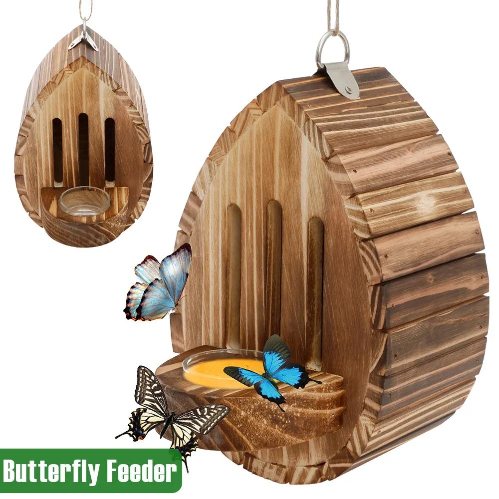 Hanging Wood Bee House Butterfly Feeder with Rope Decorative Bee Nesting Box Multifunctional Moth Habitat for Garden Balcony