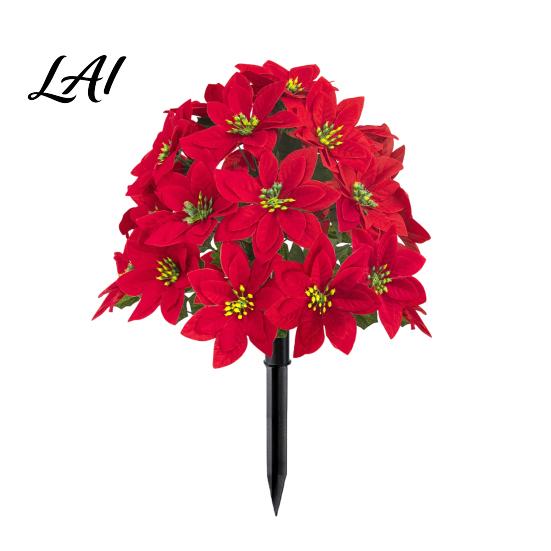Outdoor Patio Christmas Accents Artificial Poinsettia Flower Yard Stake Red Floral Ground Spike Decor Potted Pine for Weather‑Resistant Fake Plant