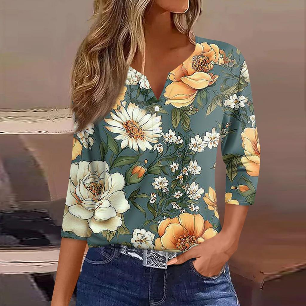 Women's Fashion Casual Floral Print V-Neck Decorative Button Three-quarter Sleeve T-Shirt Top