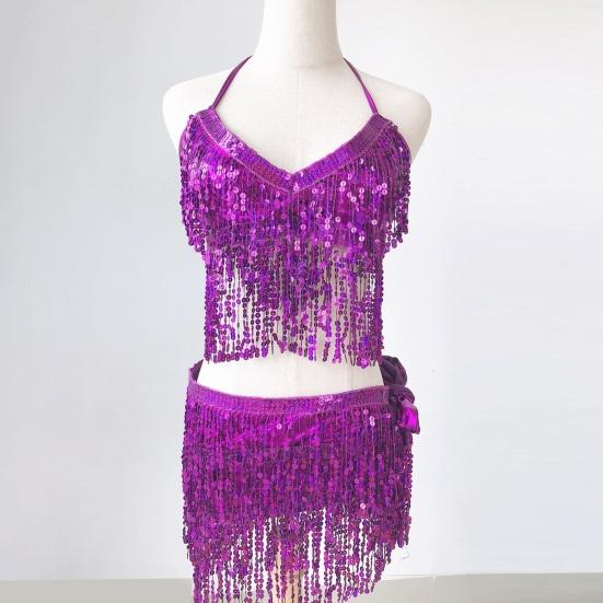 Belly Dancer Outfit Sequin Tassel Bra Top with Fringe Hip Scarf Set Sparkling Rave Party Costume for Women Girls