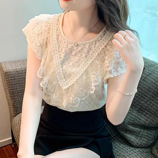 

Женская летняя кружевная блузка с коротким рукавом, французские оборки, ажурные топы L абрикосовый