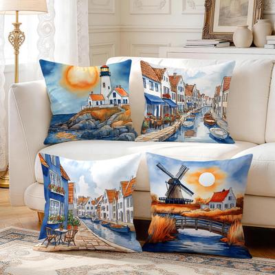 4pcs Watercolor Coast Lighthouse Cushions Pillowcase Polyester Cushion Cover Throw Pillow Pillowcover Home Car Sofa Decor