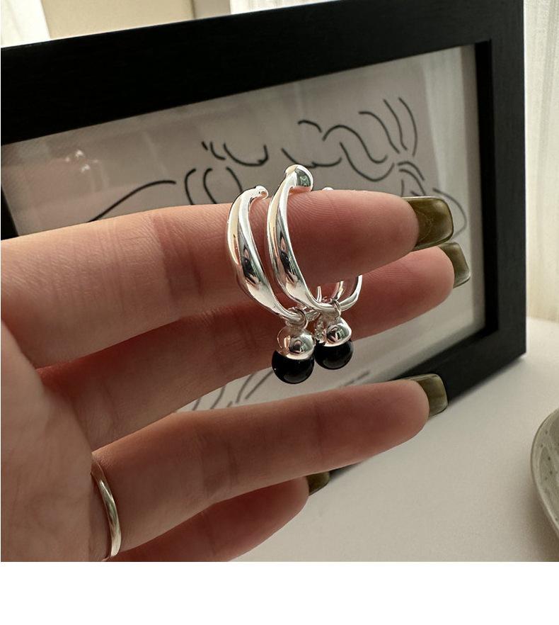 French Retro Open Ring in 925 Sterling Silver with Black Agate Spherical Design