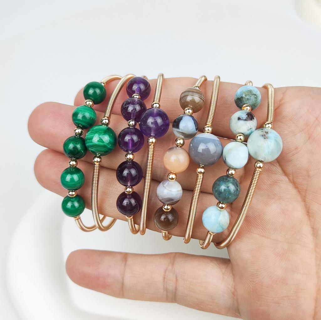 Latest Design Natural Gemstone Beads Cuff Bracelet Handmade Larimar Jewelry Real Moonstone Malachite Citrine Bangle for Girl