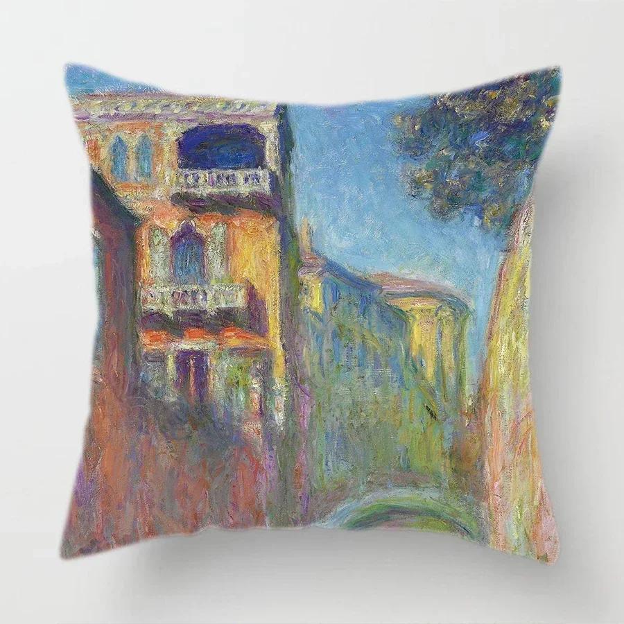 Claude Monet Polyester Printing Cushion Cover Sofa Landscape World Famous Oil Painting Throw Decorative Pillow Case Home Decor