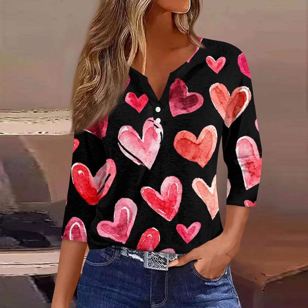 Camiseta feminina com estampa de botão, manga 3/4, moda diária de fim de semana, básica, decote em V, top regular