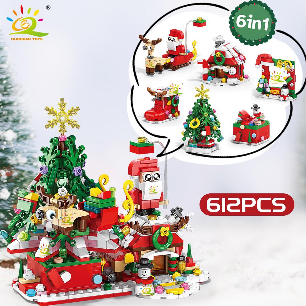 Non-Toxic 6In1 Christmas Tree Santa Claus Snowhouse Model Building Block Diy Elk Snowman Train Bricks Ornament Toys Adult Gift
