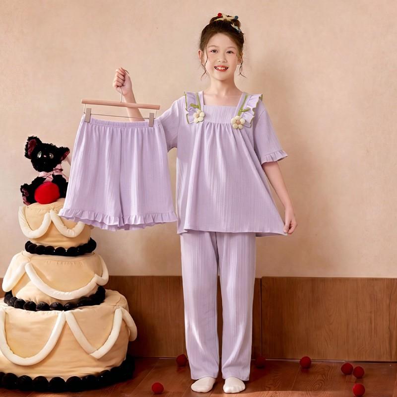 Girls Short Sleeve Pajama Set Soft Combed Cotton Sleepwear Cartoon Print Lightweight Home Outfit 8 Years