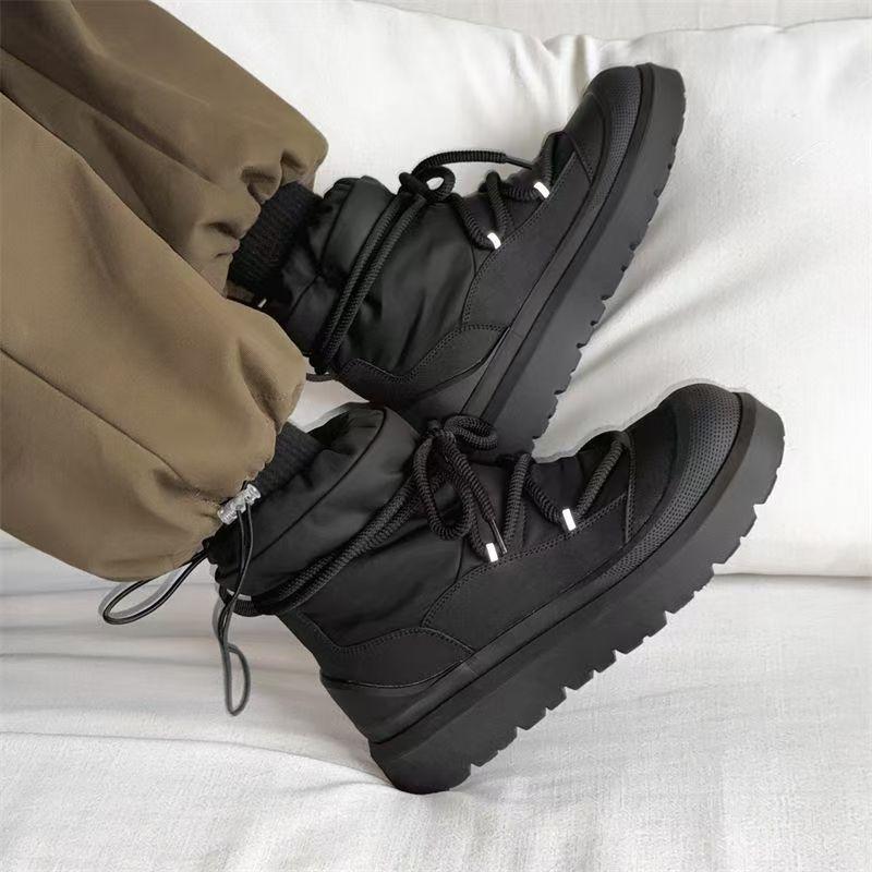 Botas de Neve Estilo Trabalho para Homens Mulheres Mais Lã Quente Botas de Inverno Cano Alto Solado Grosso Cadarço Preto Pelúcia Casal Sapatos de Algodão