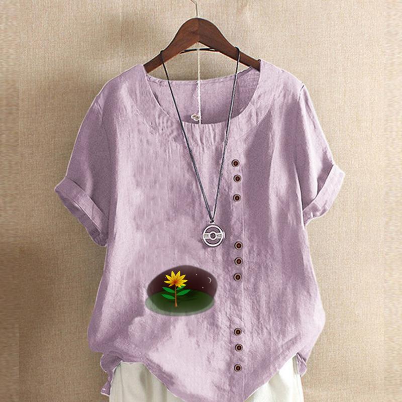 Women's Fashion Flower Prined Short Sleeve T-shirt Loose Cotton Shirt Casual Loose Summer Blouse Tops Plus Size