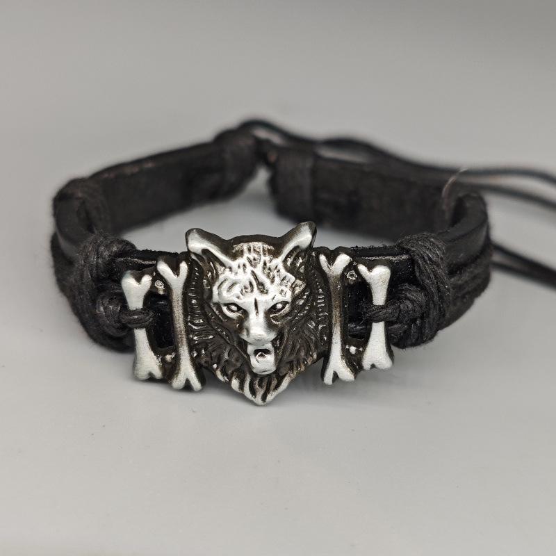 Bracelet Européen & Américain Rétro Tissé en Cuir PU Réglable Tête de Loup pour Hommes