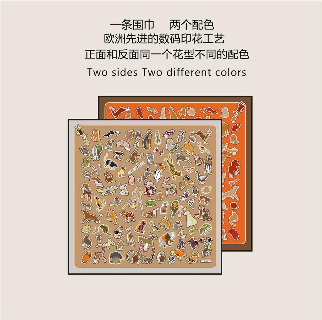 90*90cm Double-side Twill Silk Animal Printed Square Scarf Women Traveling Foulard Hijabs