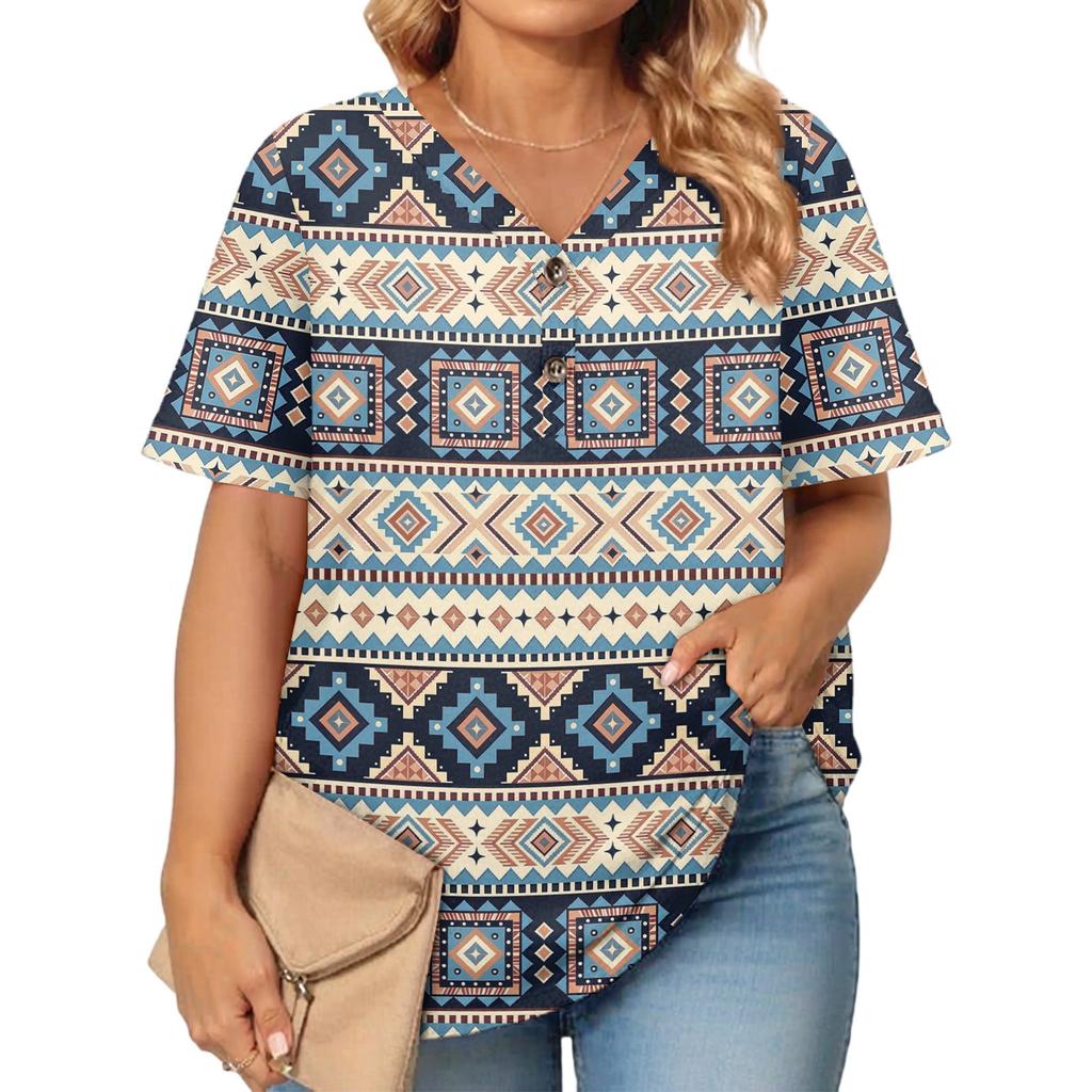 Women's Fashion Casual Printed V-Neck Short Sleeve Large Size T-Shirt Top