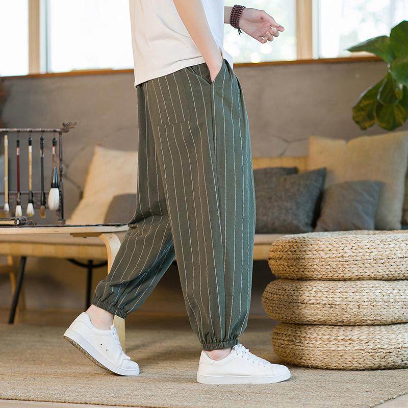 Japanese Style Stripe Summer Cotton Linen Harem Pants Men Streetwear Breathable Beach Pants Male Casual Calf-Lenght Trousers