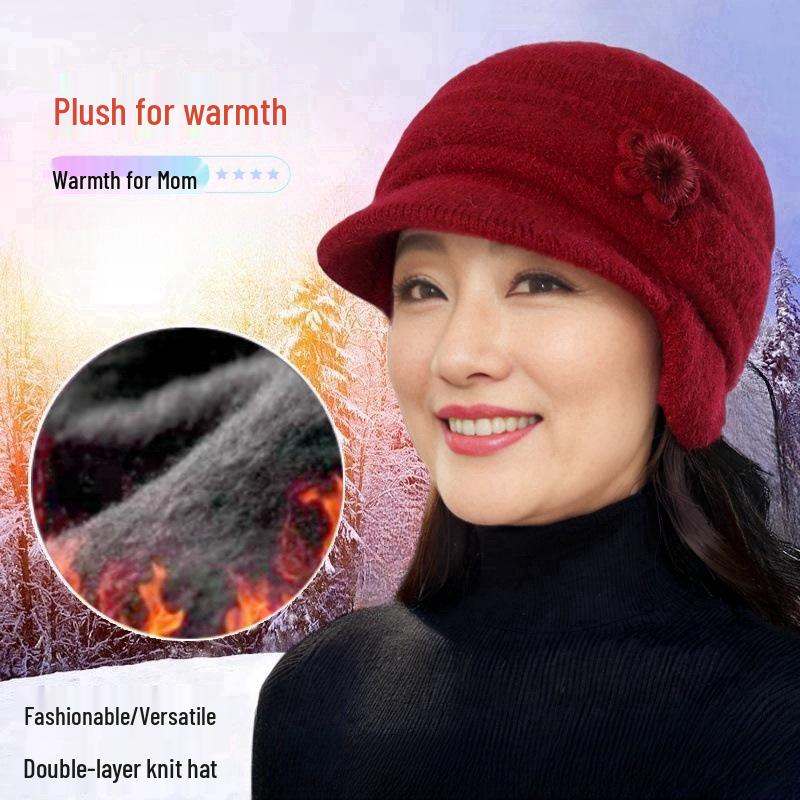 Women's Winter Velvet-Lined Wool Hat with Ear Protection – Fashionable and Warm Knitted Design for Middle-aged and Elderly