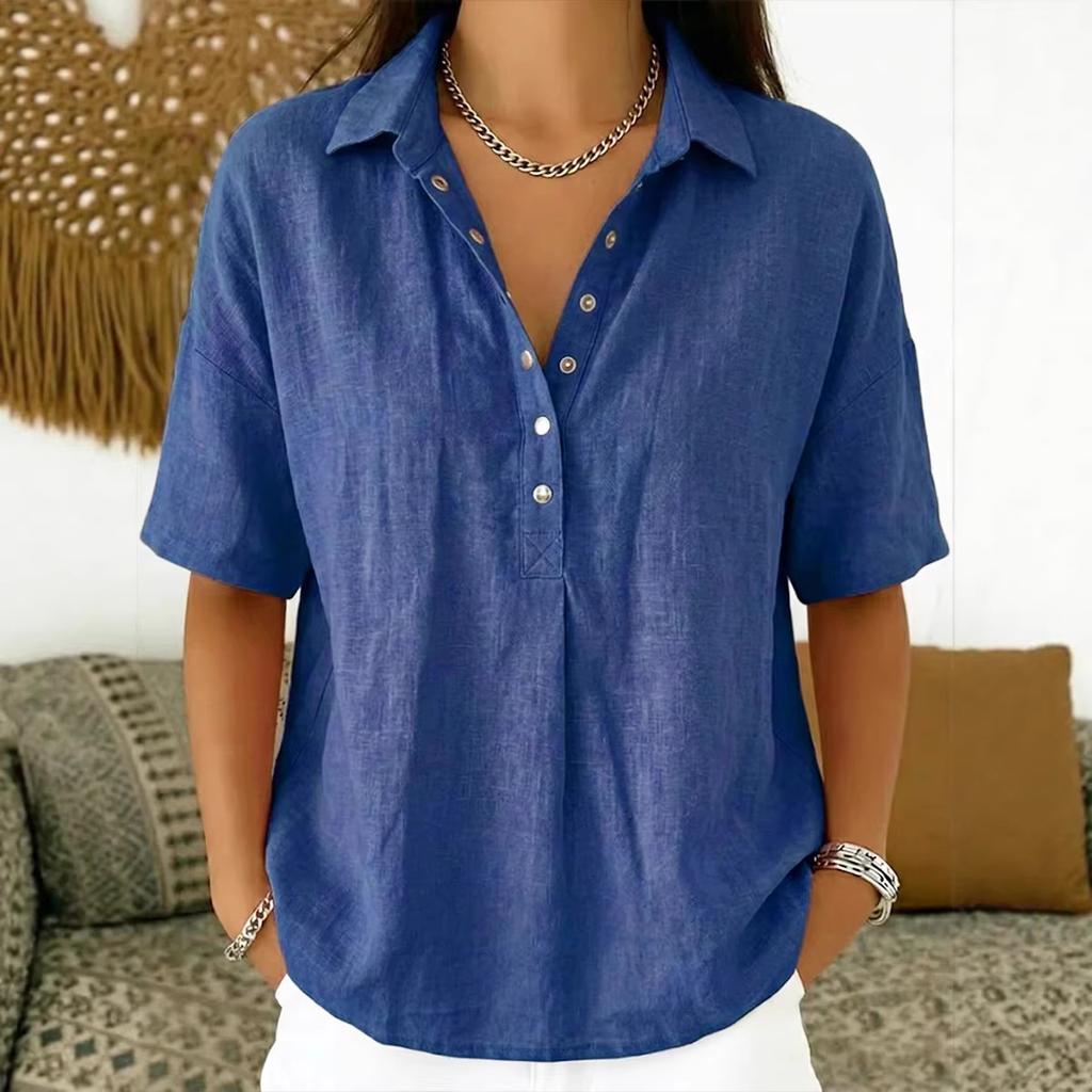 2026 new single-breasted lapel shirt for women solid color casual Polo collar short-sleeved Asian