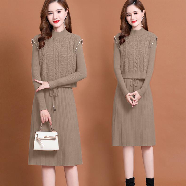 Two-piece Knitted Vest Dress for Women Long-sleeved Solid-color Sweater Dress Casual Mid-length Sweater for Autumn and Winter