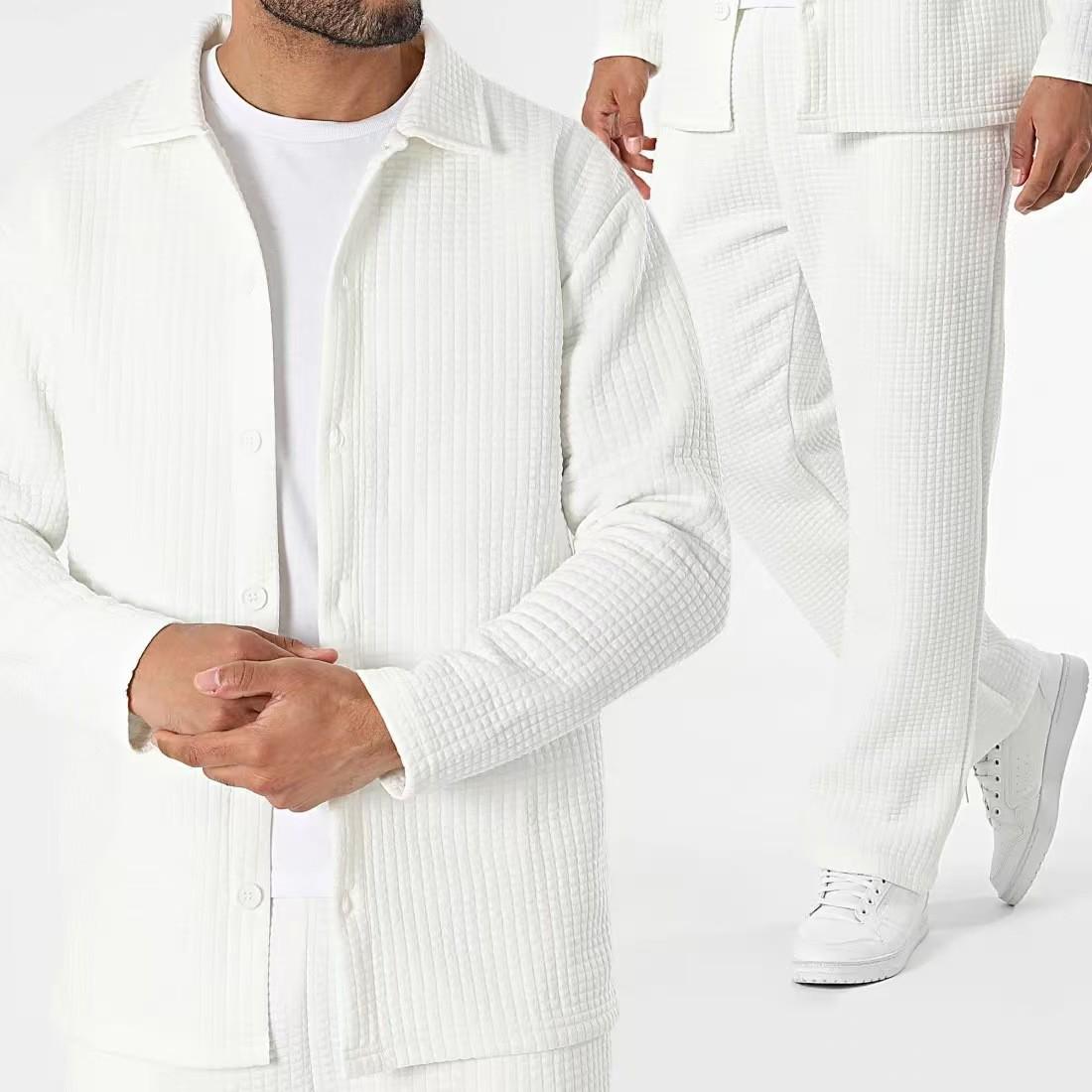 

Men s Fashion Anti-Wrinkle Waffle Jacket Suit with Long Sleeve and Pants for Spring/Autumn XXL білий
