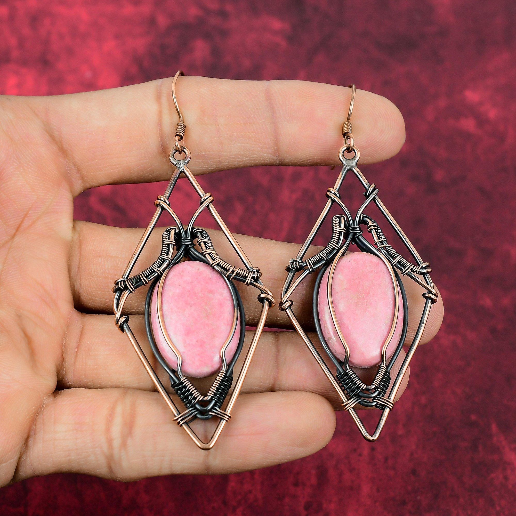 Thulite Gemstone Earring Copper Wire Wrapped Earring Handmade Copper Jewelry Latest Design Earrings Amazing Wire Wrap Jewelry Wedding Gifts