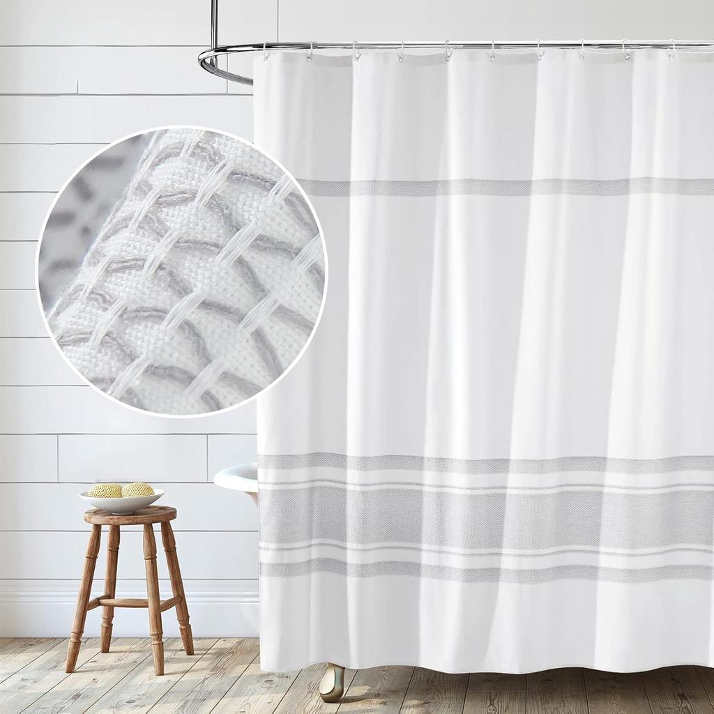 Seasonwood Shower Curtain White Gray Woven Striped 72 x 72Inches,Farmhouse Shabby Chic Striped Minimalist Bathroom Decor