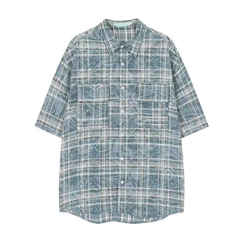 Checkered Retro Shirt Men'S Summer Outfit Hong Kong Style Student Loose And Niche Design Fun New Men'S Top For Outdoor Wear