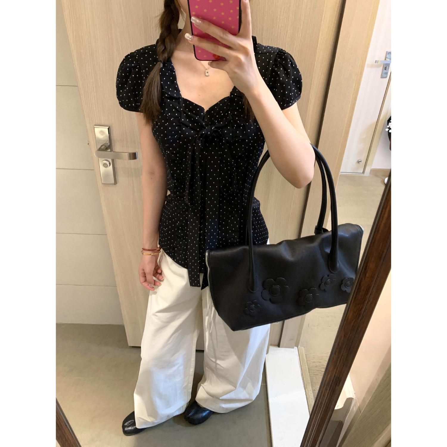 Retro Polka Dot Puff Sleeve Bow Top for Women Extra Large