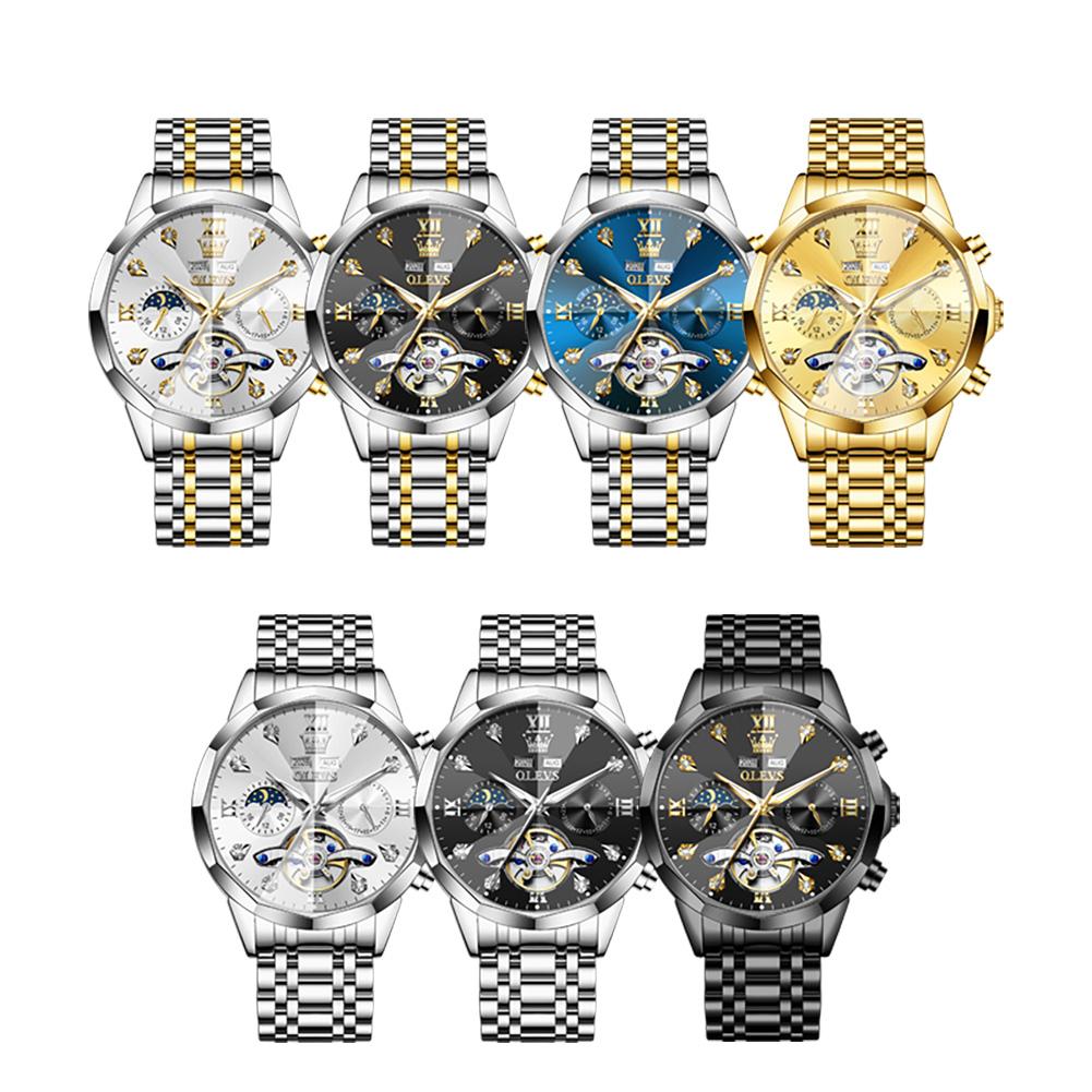 OLEVS 6621 Mens Skeletonized Flywheel Wristwatch Dual Calendar Moon Phase Waterproof Automatic Mechanical Luxury Watch Man