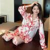 Spring and Autumn New Style Lapel Long-sleeved Trousers Comfortable Pajamas for Women Ice Silk Pink Leaves Women's Home Clothes