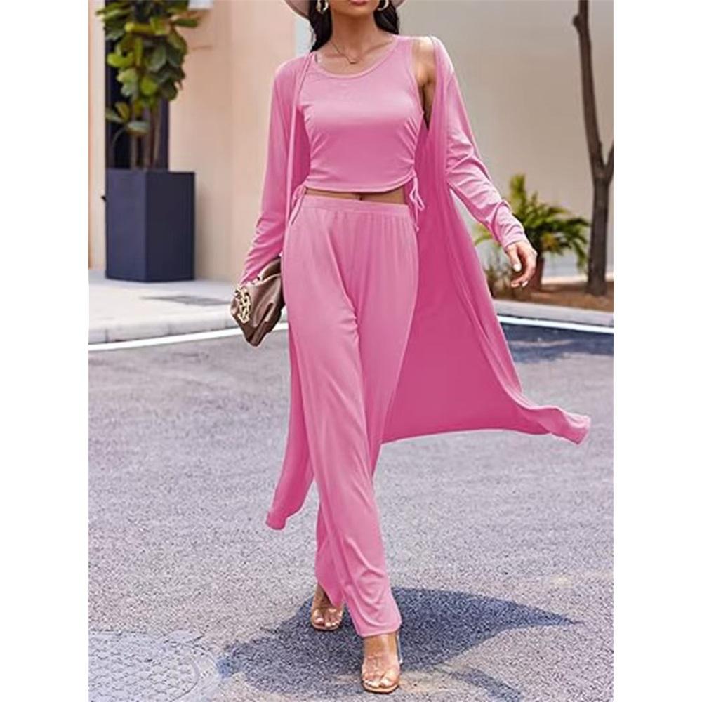 

Women s 3-piece Casual Cardigan Long Knitted Vest Drawstring Pocket Trousers XXL рожевий