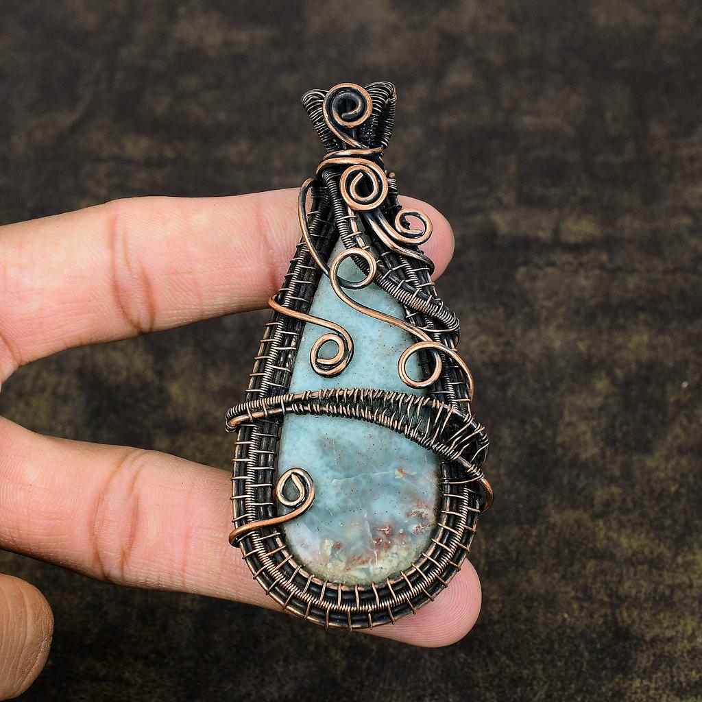 Natural Caribbean larimar Gemstone Copper Wire Wrap Gift Pendant 3.54" P7s97
