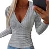 Women Knitwear Autumn Solid Color Tops Deep V-neck Sweater Long Sleeve Blouse Elegant Slim Fit Buttons Decor Ribbed Pullover Tops