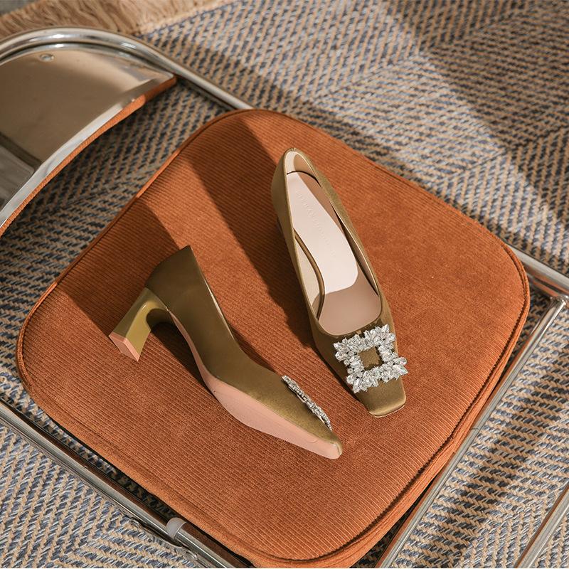 - Classic Satin Rhinestone Square Head Thick Heel High Heels Women's Fashion Simple CMCM