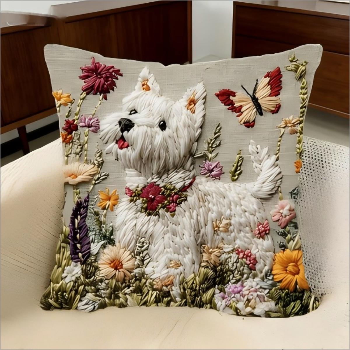 Exquisite Ornaments Unisex 2D Westie Pillow Cover Cute West Highland Terrier With Flowers Print Cushion Case For Sofa Couch Home Decor