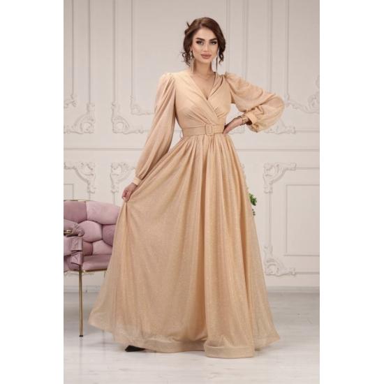 Zweireihiges Abendkleid mit Kragen, Gürtel und Ballonärmeln aus glitzerndem Tüll TE Settür Abendkleid