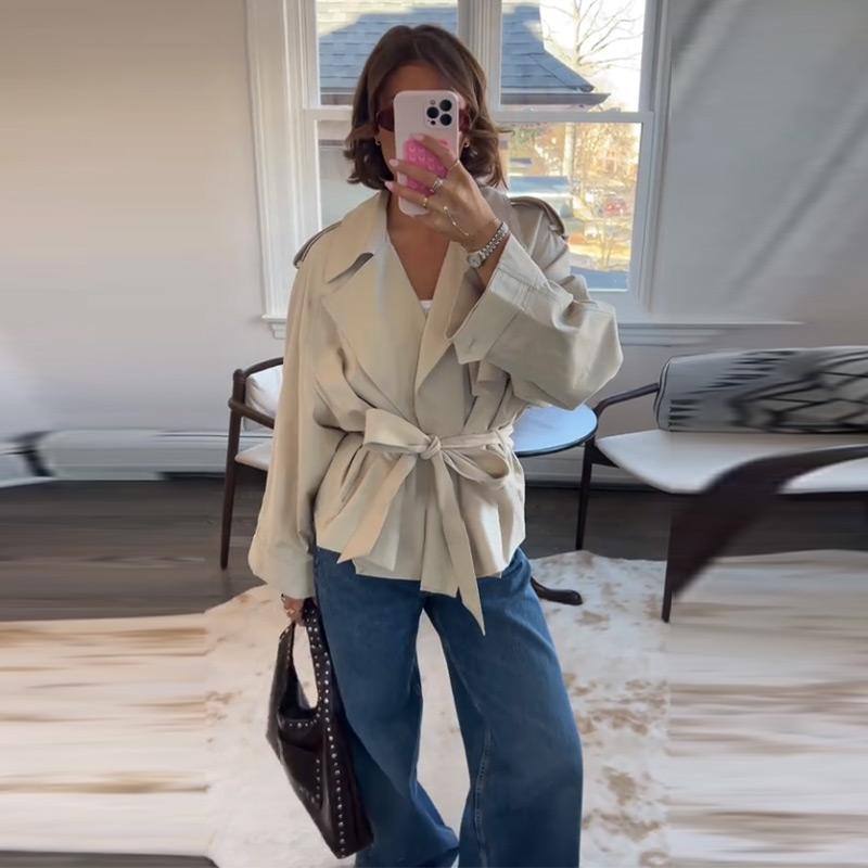 Lapel Tied Windbreaker Jacket Women's Commute Long Sleeve A-line Style Elegant Jacket Fashion Streetwear 2025 Autumn