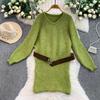 Autumn Winter Women Elegant O-neck Knitted Sweater Chic Mini Short Straight Pullover Dresses with Belt